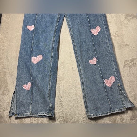 Cider Novelty Sequin Heart Patch Wide Leg High Rise Denim Blue Jeans Size Large - Picture 5 of 15